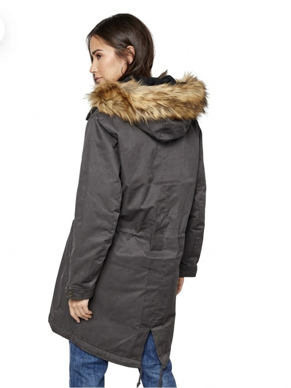 BUFFALO David Bitton Asymmetric Faux Fur Hooded Parka Jacket Large Charcoal Rust